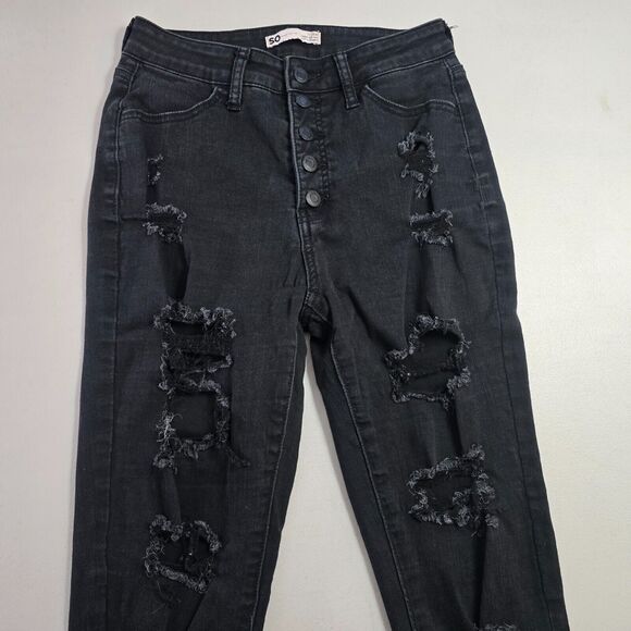 SO Jegging Juniors 7 / 28 Black Super High Rise Curvy Destroyed Button - Picture 13 of 16